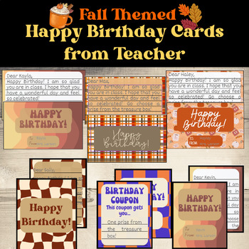Preview of Happy Birthday Cards From Teacher Fall Thanksgiving Halloween Birthday Coupons!