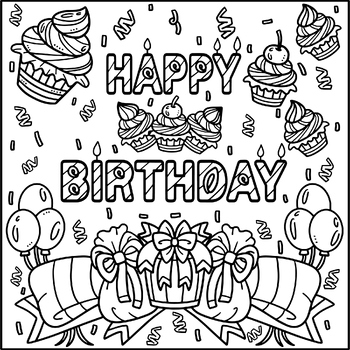 Happy Birthday Coloring Page Sheet : Birthday Party Balloons ,Cupcakes ...