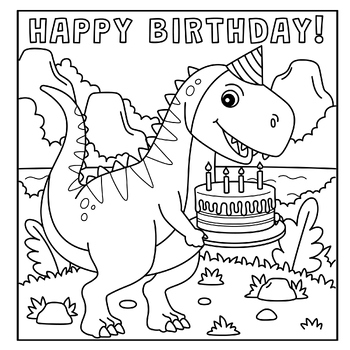 Happy Birthday Coloring Page Sheet :T rex Dinosaur With birthday Cake ...