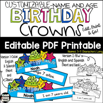 Preview of Happy Birthday Headband/Crowns Printable- Spanish and English; Easy Editable PDF