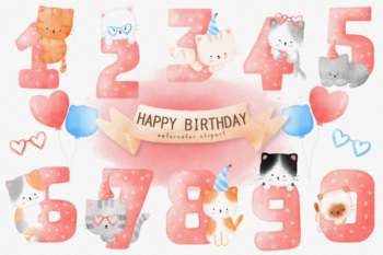 Preview of Happy Birthday Number Cats Watercolor Clipart