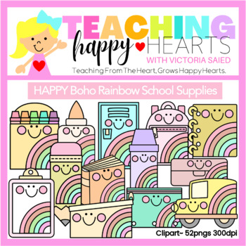 Preview of Happy Boho Rainbow School Supplies Clipart