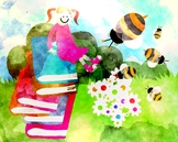 Happy Book Girl with Bees - Free Clipart Illustration