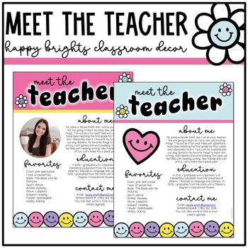Preview of Happy Brights Classroom Decor: EDITABLE MEET THE TEACHER