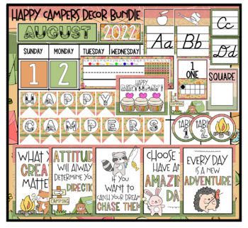 Preview of Happy Campers Camping Woodland Animals Classroom Theme Decor Bundle