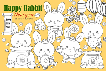 Preview of Happy Chinese New Year Rabbit 2023 Digital Stamp Outline Black and White