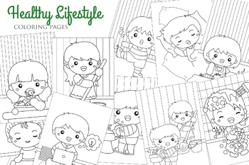 Preview of Happy Cute Kids Doing Healthy Lifestyle Activity Cartoon Coloring Set
