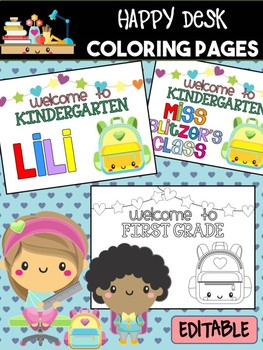 Preview of Dollar Deal $$ : Happy Desk Coloring Sheets - At School, K-2, Editable  