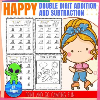 Preview of Happy : Double Digit Addition and Subtraction (Worksheets and Coloring)