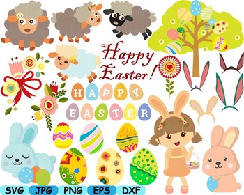 Preview of Happy Easter clip art svg eggs Bunny Egg Spring Flowers animals sheep LAMB -148s