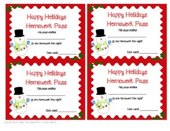 happy holidays homework pass