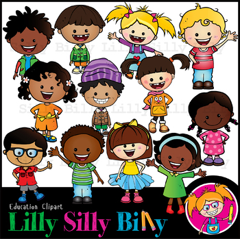 Preview of Happy Kids 2. Clipart. BLACK/ WHITE & Color Illustration. {Lilly Silly Billy}