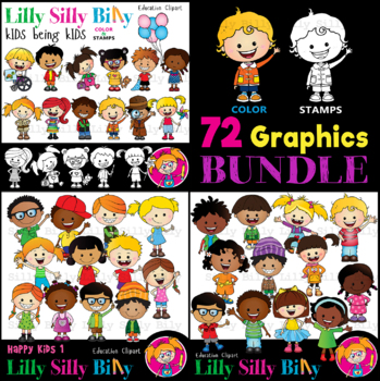 Preview of Happy Kids Being Kids. Clipart VALUE BUNDLE. Black/ white & color illustrations.