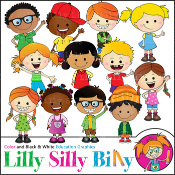 Preview of Happy Kids. Clipart. BLACK AND WHITE & Color Illustrations. {Lilly Silly Billy}