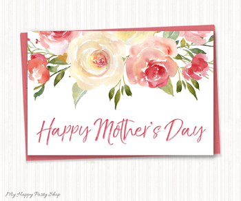 Preview of Happy Mother's Day Card, Watercolor Roses Greeting Card, 4"X6". Printable