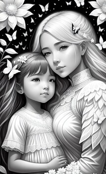 Preview of Happy Mother's Day! Mother and daughter grayscale coloring page.