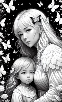 Preview of Happy Mother's Day! Mother and daughter grayscale coloring page.