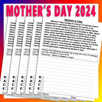Preview of Happy Mothers day Reading Comprehension - RACE Writing practice worksheets