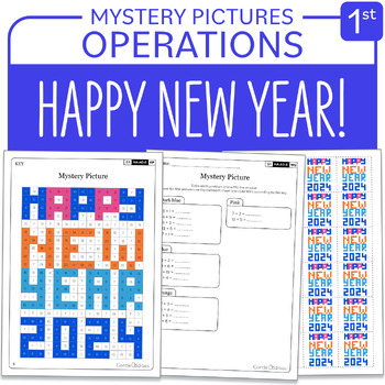 Preview of Happy New Year 2024 Math Mystery Picture Grade 1 Additions Subtractions 1-20