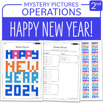 Preview of Happy New Year 2024 Math Mystery Picture Grade 2 Additions Subtractions 1-100
