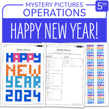 Preview of Happy New Year 2024 Math Mystery Picture Grade 5 Multiplications Divisions 1-40