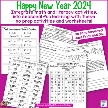 Preview of Happy New Year 2024 No Prep Literacy & Math Activities, Printables, & Worksheets