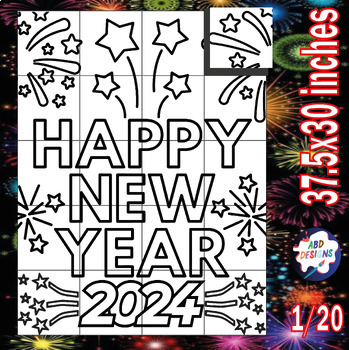 Preview of Happy New Year 2024 Collaborative Coloring Poster Activity bulletin Board Craft