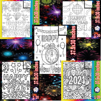 Preview of Happy New Year 2024 Collaborative Coloring Poster / Bundle