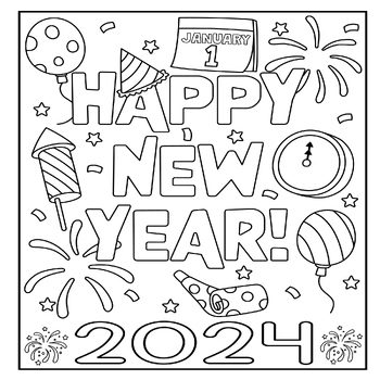 Happy New Year 2024 Coloring Page - 1st January New Year 2024 Party ...