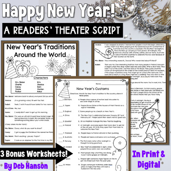 Preview of Happy New Year: A Readers' Theater Script with 3 Comprehension Worksheets