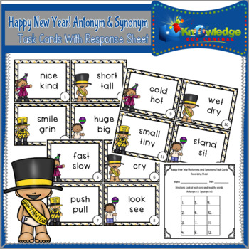 Preview of Happy New Year! Antonym and Synonym Task Cards With Response Sheet