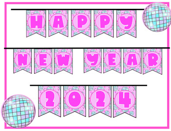 Preview of Happy New Year Banner, Hello 2024 Banner, NYE banner, Pink Disco New Years