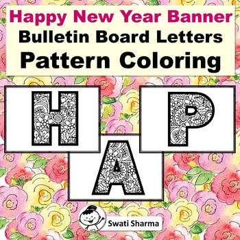 Preview of Happy New Year Bulletin Board Letters, Pattern Coloring, Classroom Display