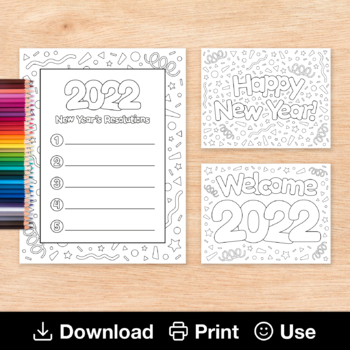 Preview of Happy New Year Coloring Sheets, 2022 New Year's Resolution Writing Template Page