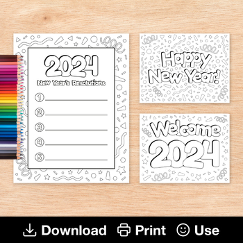 Preview of Happy New Year Coloring Sheets, 2024 New Year's Resolution Writing Template Page