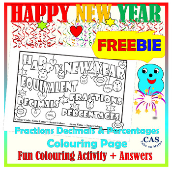Preview of Happy New Year Freebie - Fractions Decimals Percentages Colouring Page