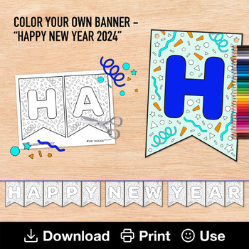 Preview of Happy New Year Sign, Color Your Own Printable Banner, 2024 Creative Kid Activity