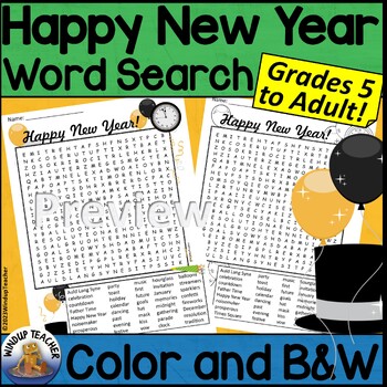 Preview of Happy New Year Word Search Activity Hard for Grades 5 to Adult