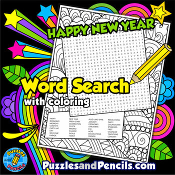 Preview of Happy New Year Word Search Puzzle Activity Page with Coloring | Wordsearch