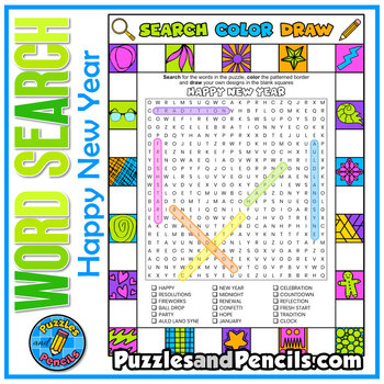 Preview of Happy New Year Word Search Puzzle with Coloring | Search, Color, Doodle