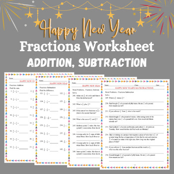 Preview of New Year's Fractions Unlike Denominators: Addition, Subtraction, Word Problems