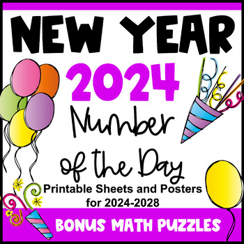 Preview of Happy New Years 2024 Math Activity - Number of the Day & Bonus Puzzle Worksheets