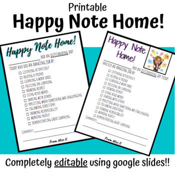 Preview of Happy Note Home - PRINTABLE & EDITABLE Positive Parent Communication Form