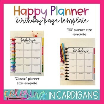 Happy Planner Template-Birthday Template by Coloring in Cardigans