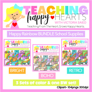 Preview of Happy Rainbow BUNDLE School Supplies Clipart