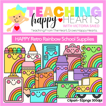 Preview of Happy Retro Rainbow School Supplies Clipart