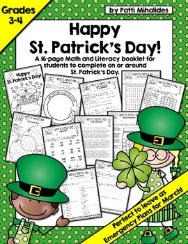 Preview of Happy St. Patrick's Day! Math and Literacy activity pages for 3rd-4th Graders