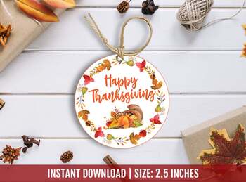 Preview of Happy Thanksgiving Circle Favor Tag, Cornucopia Round Labels