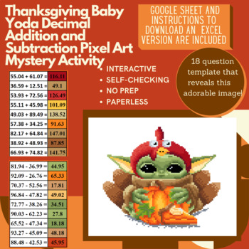 Preview of Thanksgiving Baby Alien Decimal Addition and Subtraction Pixel Art Mystery