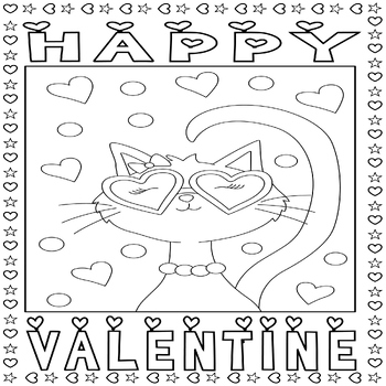 Happy Valentine Day Coloring Page Sheet -Cat In Love & Hearts Activity ...